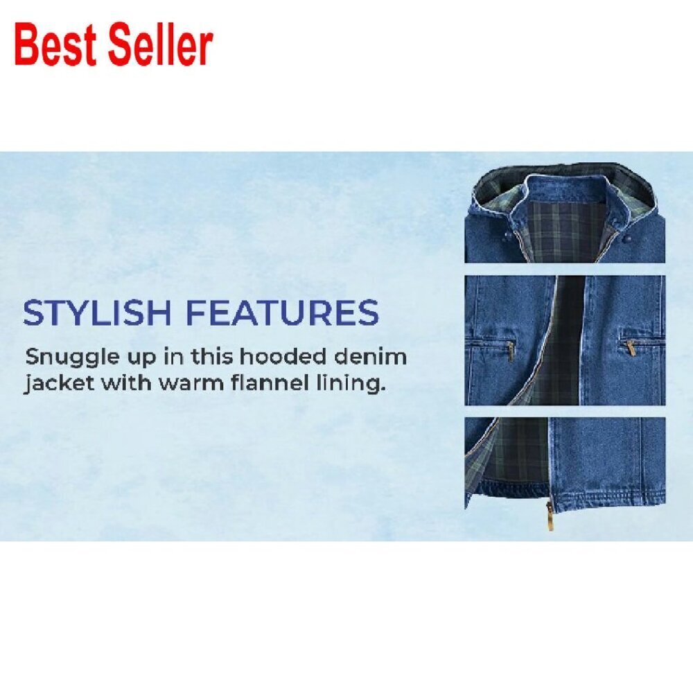 Denim Jacket Flannel Lined Detachable Hood Classic Oversized Chic Fall Outerwear - Picture 8 of 8